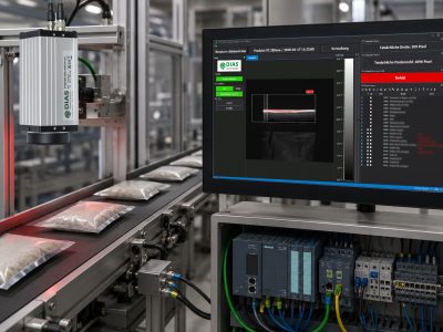Inline quality control in an automated packaging system. Non-contact temperature measurement ensures the process quality of foil sealing seams directly within the production cycle.